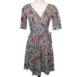 52 Greek Street Green V-Neck Cardinal Bird Print Fit Flare Pleated Dress 40/10